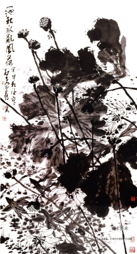一池秋水乱风荷 180x96cm 纸本墨笔 2004年 郭石夫
